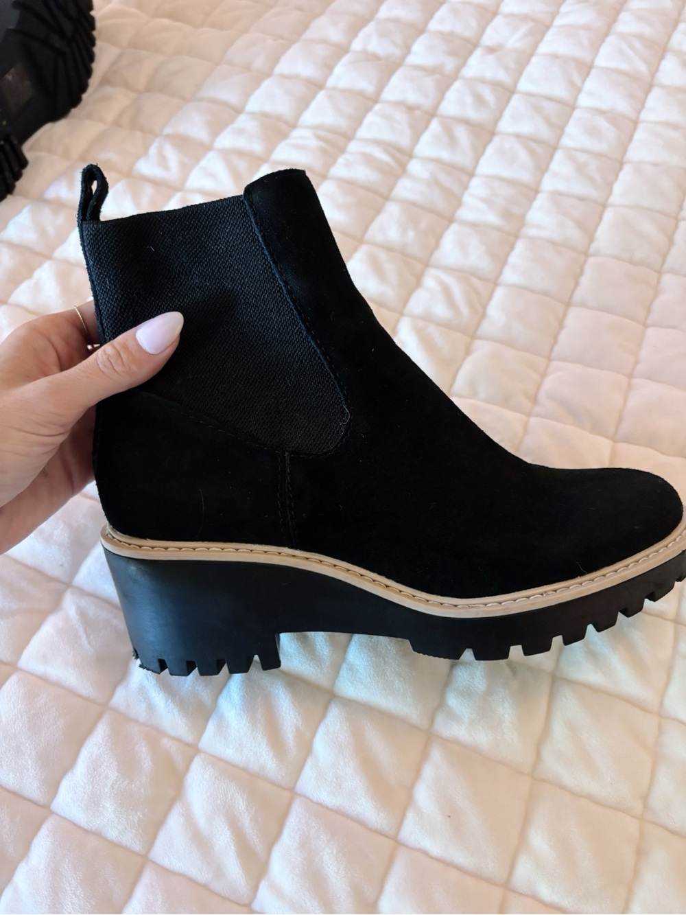 Dolce Vita Black Suede Lug Sole Chelsea Booties with Tan Welt Trim